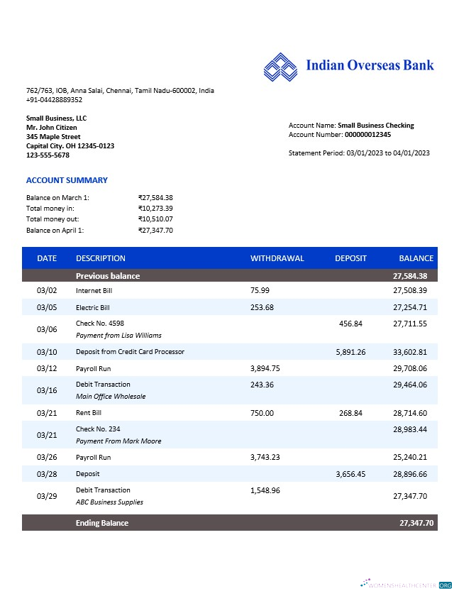 Download Indian Overseas Bank organization account statement Word and PDF template Photoshop template